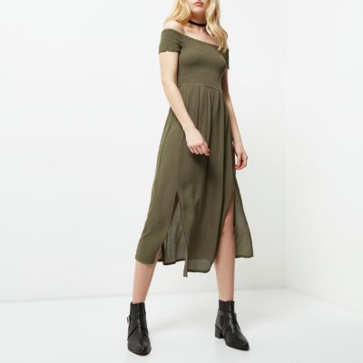 Khaki green geo bardot maxi dress